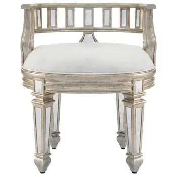 21" Cream Linen And Silver Metallic Round Ottoman