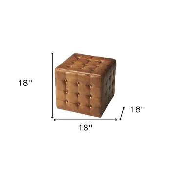 18" Brown Tufted Leather Vintage Style Cube Ottoman