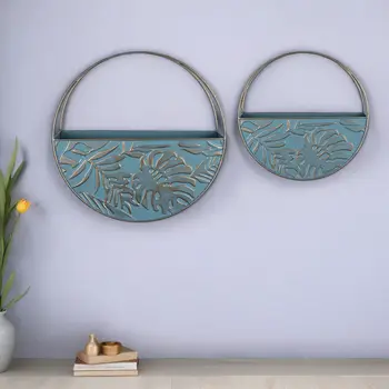 Set Of Two Blue And Gold Leaf Pattern Wall Planters