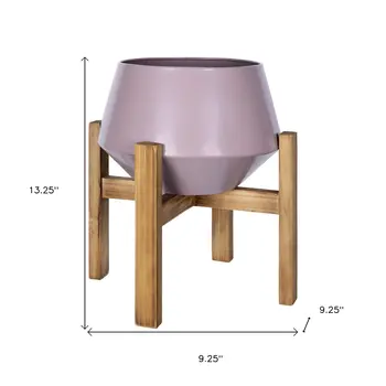 Pink Hexagonal Planter With Wooden Base