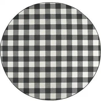 8' X 8' Black And Ivory Round Indoor Outdoor Area Rug