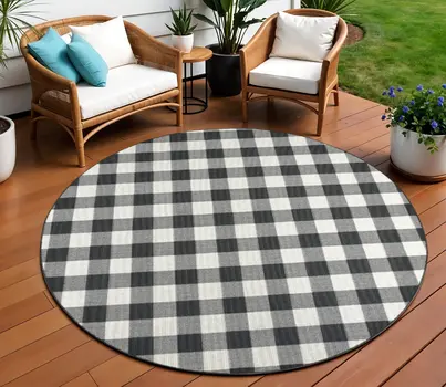 8' X 8' Black And Ivory Round Indoor Outdoor Area Rug