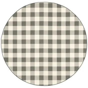8' Gray And Ivory Round Gingham Indoor Outdoor Area Rug