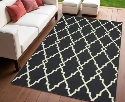 4' X 6' Black And Ivory Indoor Outdoor Area Rug