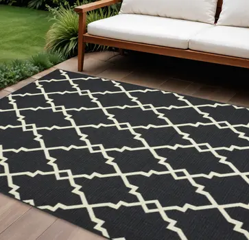 8' X 13' Black And Ivory Indoor Outdoor Area Rug