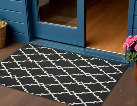 2' X 4' Black And Ivory Indoor Outdoor Area Rug