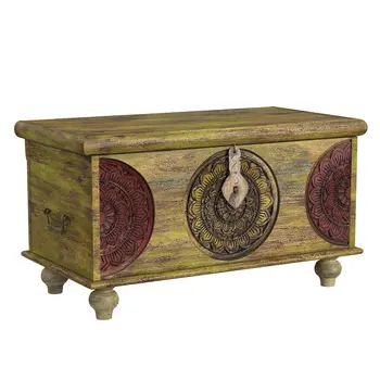 33" Brown and Green Wood Distressed Coffee Table