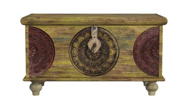 33" Brown and Green Wood Distressed Coffee Table