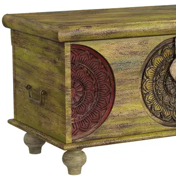33" Brown and Green Wood Distressed Coffee Table