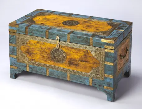 32" Brown and Blue Solid Wood and Wood Coffee Table