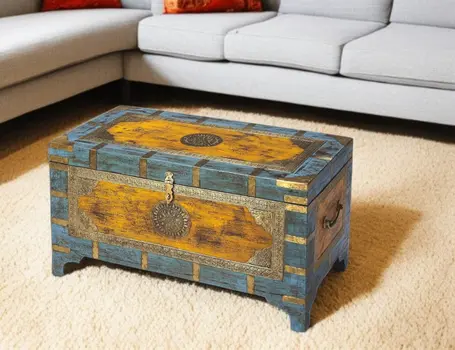 32" Brown and Blue Solid Wood and Wood Coffee Table