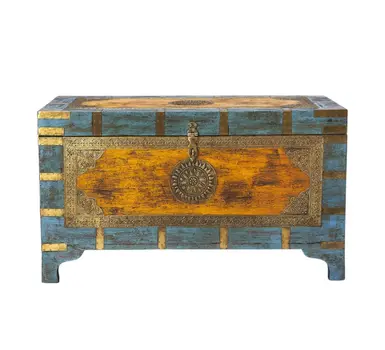 32" Brown and Blue Solid Wood and Wood Coffee Table