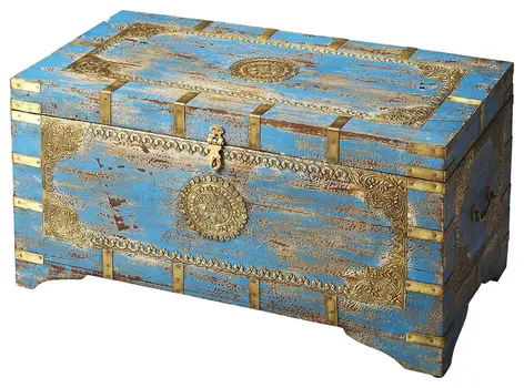 32" Brown and Blue Wood Distressed Coffee Table