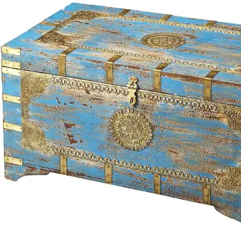 32" Brown and Blue Wood Distressed Coffee Table