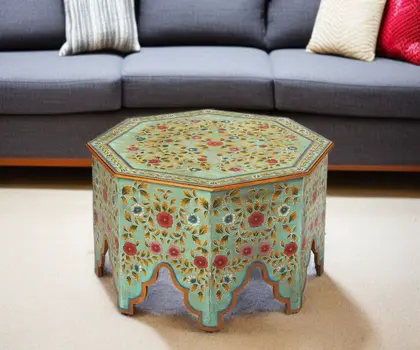 29" Green Wood Hexagon Abstract Coffee Table