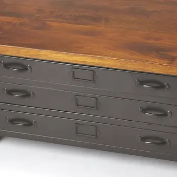 36" Brown and Gray Solid Wood and Metal Square Coffee Table With Three Drawers