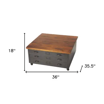 36" Brown and Gray Solid Wood and Metal Square Coffee Table With Three Drawers
