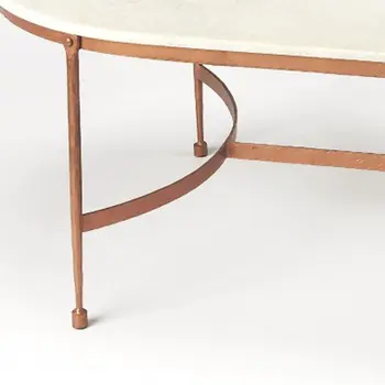 47" White and Copper Genuine Marble and Metal Oval Coffee Table