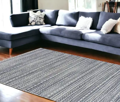 8' X 11' Navy Blue Decorative Stripes Area Rug