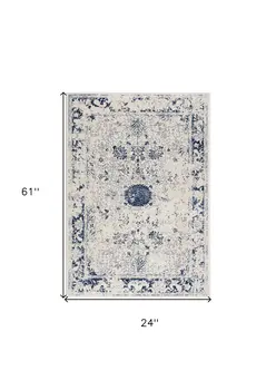 2' X 5' Navy Blue Distressed Floral Area Rug