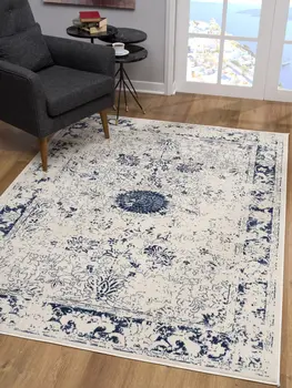 8' X 11' Navy Blue Distressed Floral Area Rug