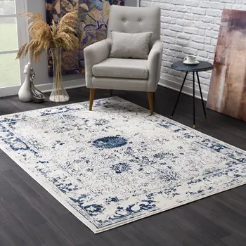 8' X 11' Navy Blue Distressed Floral Area Rug