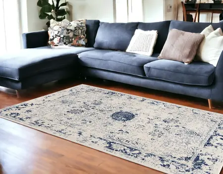 8' X 11' Navy Blue Distressed Floral Area Rug