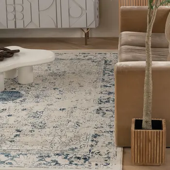 8' X 11' Navy Blue Distressed Floral Area Rug
