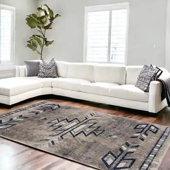 8' X 11' Beige And Blue Boho Chic Area Rug