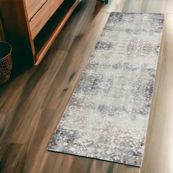 2' X 6' Navy And Beige Distressed Vines Area Rug