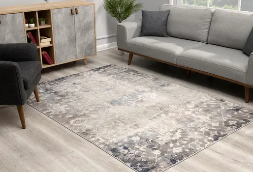 8' X 11' Navy And Beige Distressed Vines Area Rug