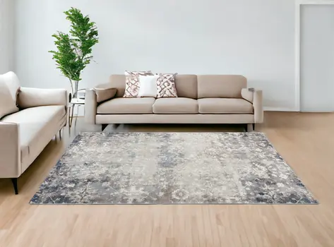 8' X 11' Navy And Beige Distressed Vines Area Rug