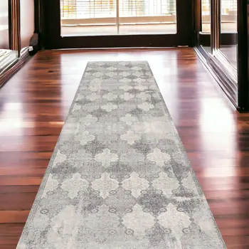 2' X 13' Gray Distressed Trellis Pattern Runner Rug