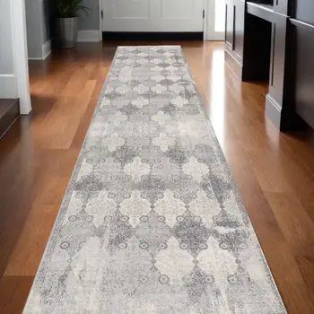 2' X 20' Gray Distressed Trellis Pattern Runner Rug