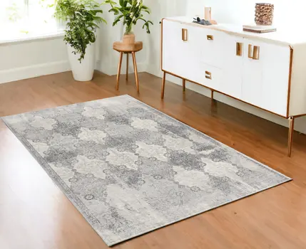 2' X 5' Grey Damask Area Rug