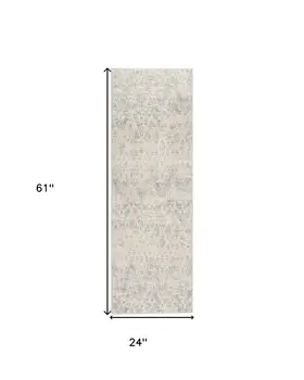 2' X 5' Ivory and Gray Ikat Power Loom Distressed Area Rug