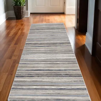 2' X 15' Blue And Beige Distressed Stripes Runner Rug
