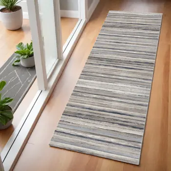 2' X 6' Blue And Beige Distressed Stripes Area Rug