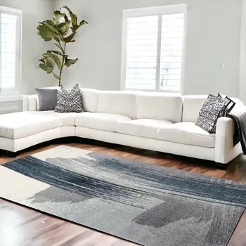 7' X 9' White And Blue Abstract Strokes Area Rug