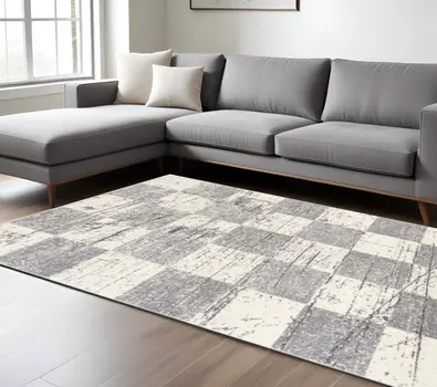 7' X 9' Gray and White Checkered Power Loom Distressed Area Rug