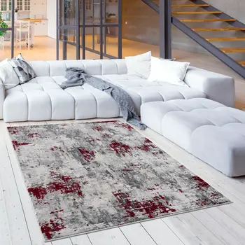 5' X 7' Red and Gray Abstract Area Rug