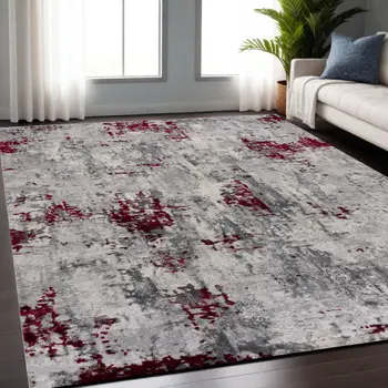 5' X 7' Red and Gray Abstract Area Rug