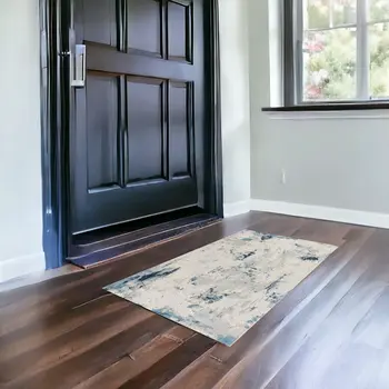 3' X 5' Blue And Ivory Abstract Strokes Area Rug