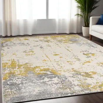 5' X 7' Gold And Gray Abstract Distressed Area Rug