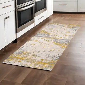 8' Gold Abstract Dhurrie Runner Rug