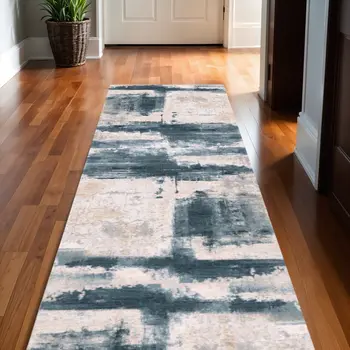 20' Blue And Ivory Abstract Dhurrie Runner Rug