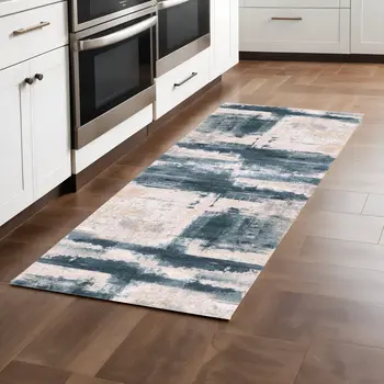 8' Blue And Ivory Abstract Dhurrie Runner Rug