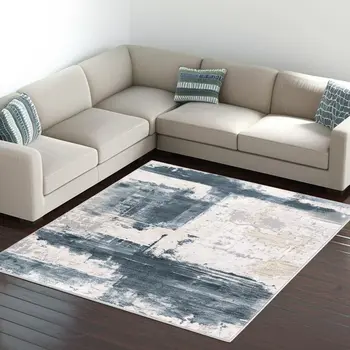 8' X 11' Cream And Blue Abstract Patches Area Rug