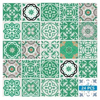 6" X 6" Green And White Mosaic Peel And Stick Removable Tiles