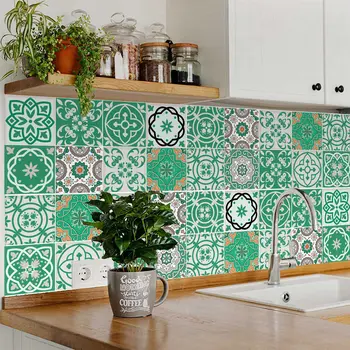 6" X 6" Green And White Mosaic Peel And Stick Removable Tiles